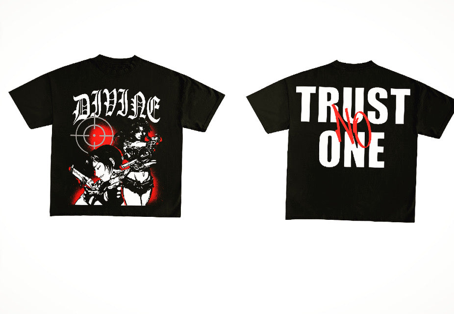 Black t-shirt with graphic design on the front and text on the back